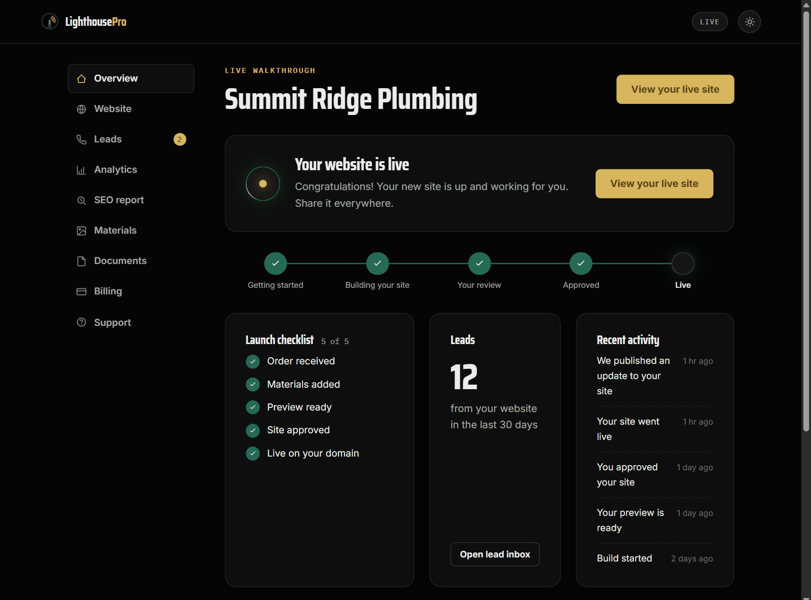 Your dashboard: the launch checklist, your project stage tracker, and every lead your site captured, in one place